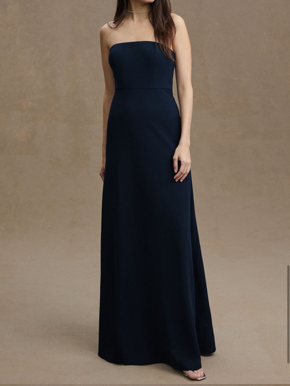 BHLDN simple strapless navy gown